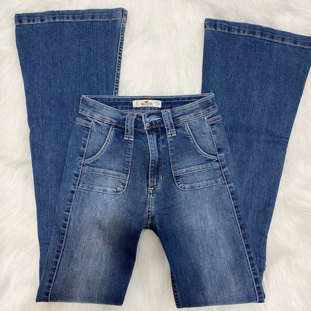 Hollister Co. High Rise Flare Jeans Size 0 Long Juniors Medium Wash Bell Bottoms